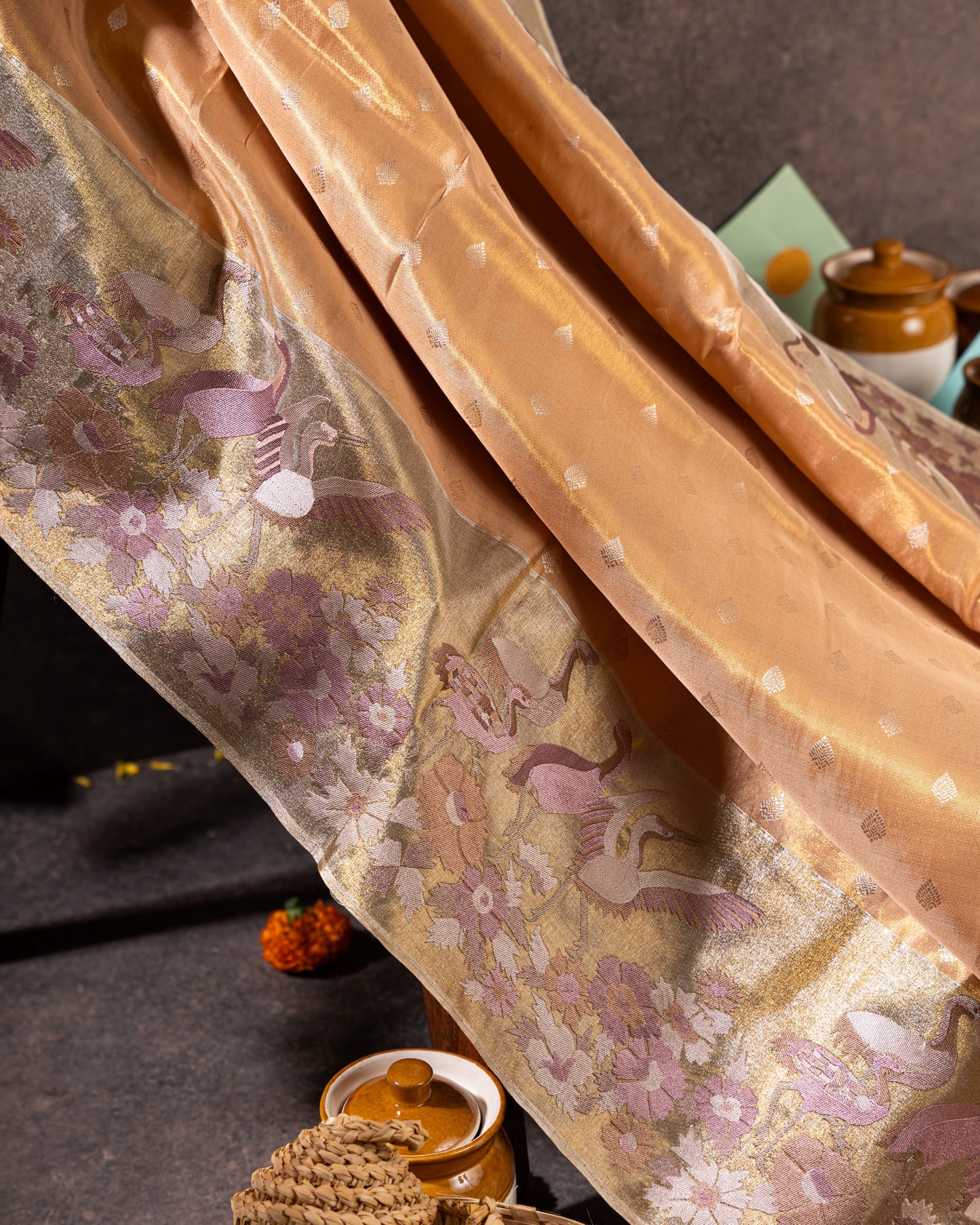Gold and Silver Kanchipuram Silk Tissue Saree with Bird Motifs