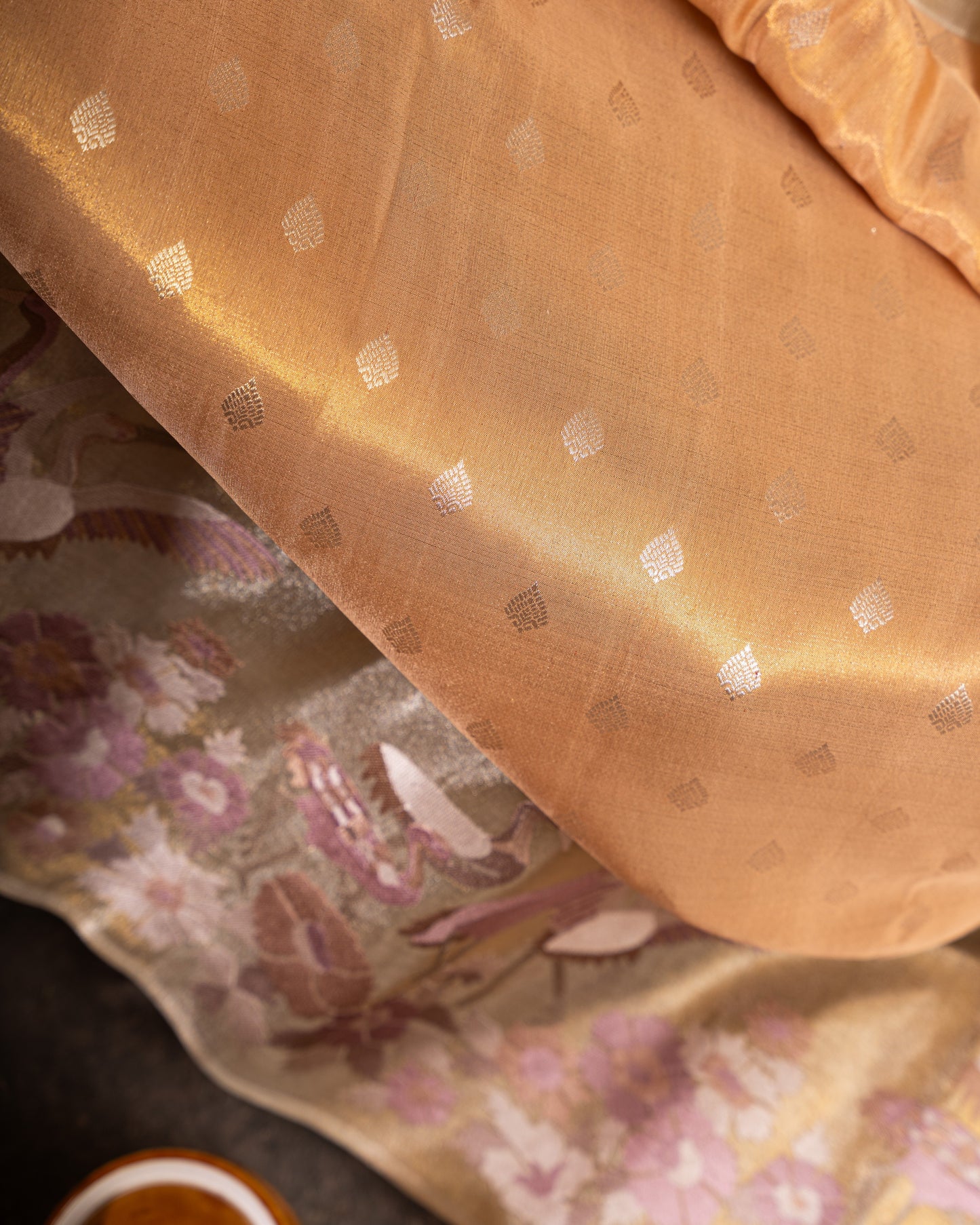 Gold and Silver Kanchipuram Silk Tissue Saree with Bird Motifs