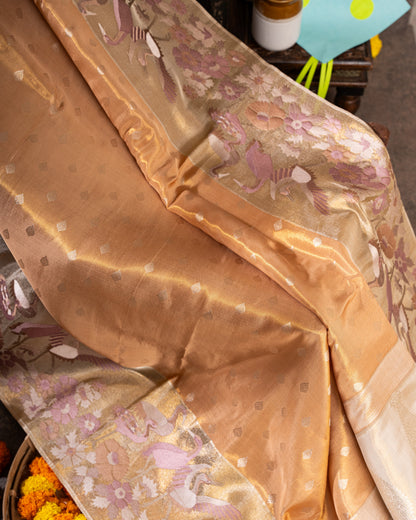 Gold and Silver Kanchipuram Silk Tissue Saree with Bird Motifs
