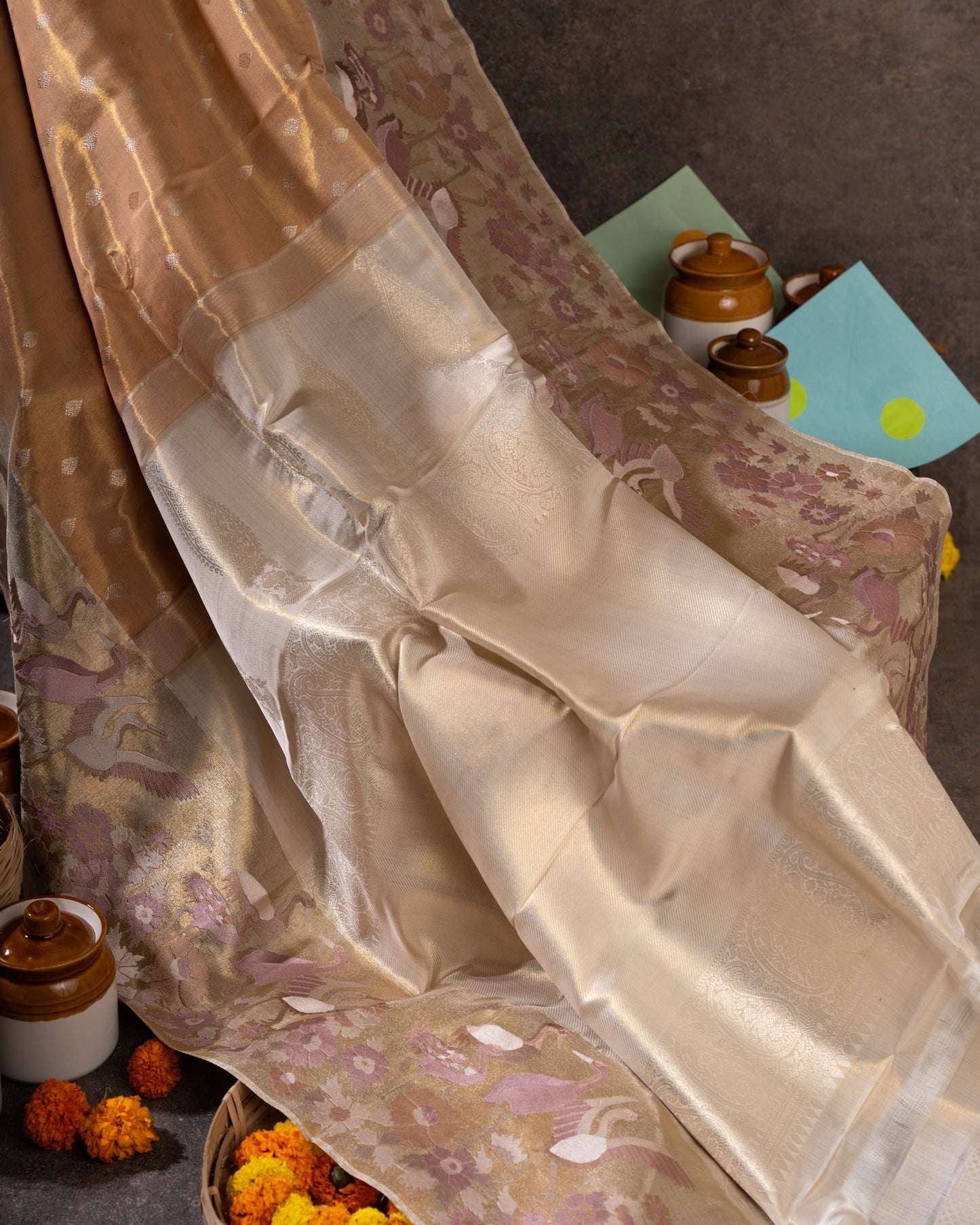 Gold and Silver Kanchipuram Silk Tissue Saree with Bird Motifs
