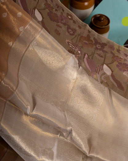 Gold and Silver Kanchipuram Silk Tissue Saree with Bird Motifs
