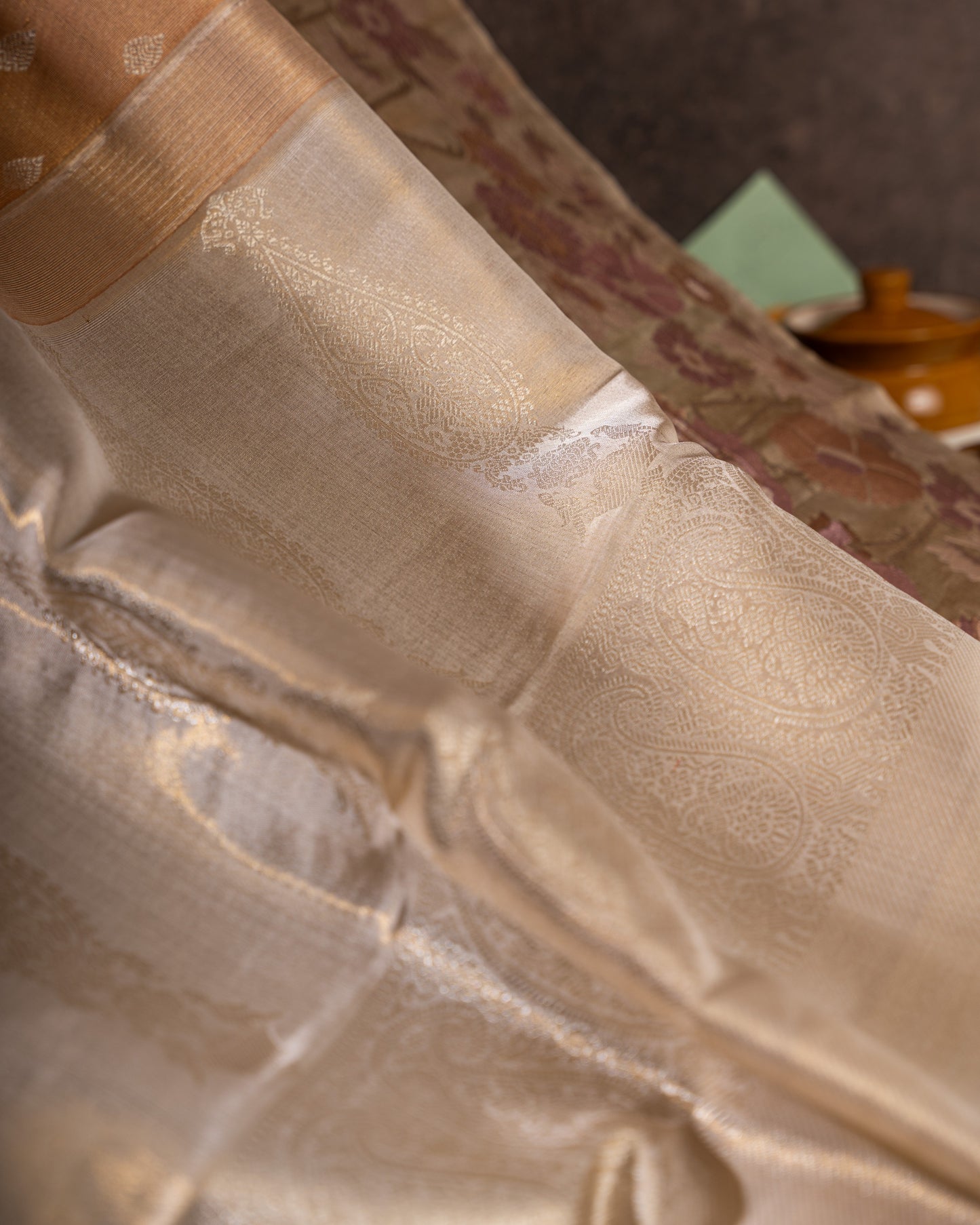 Gold and Silver Kanchipuram Silk Tissue Saree with Bird Motifs