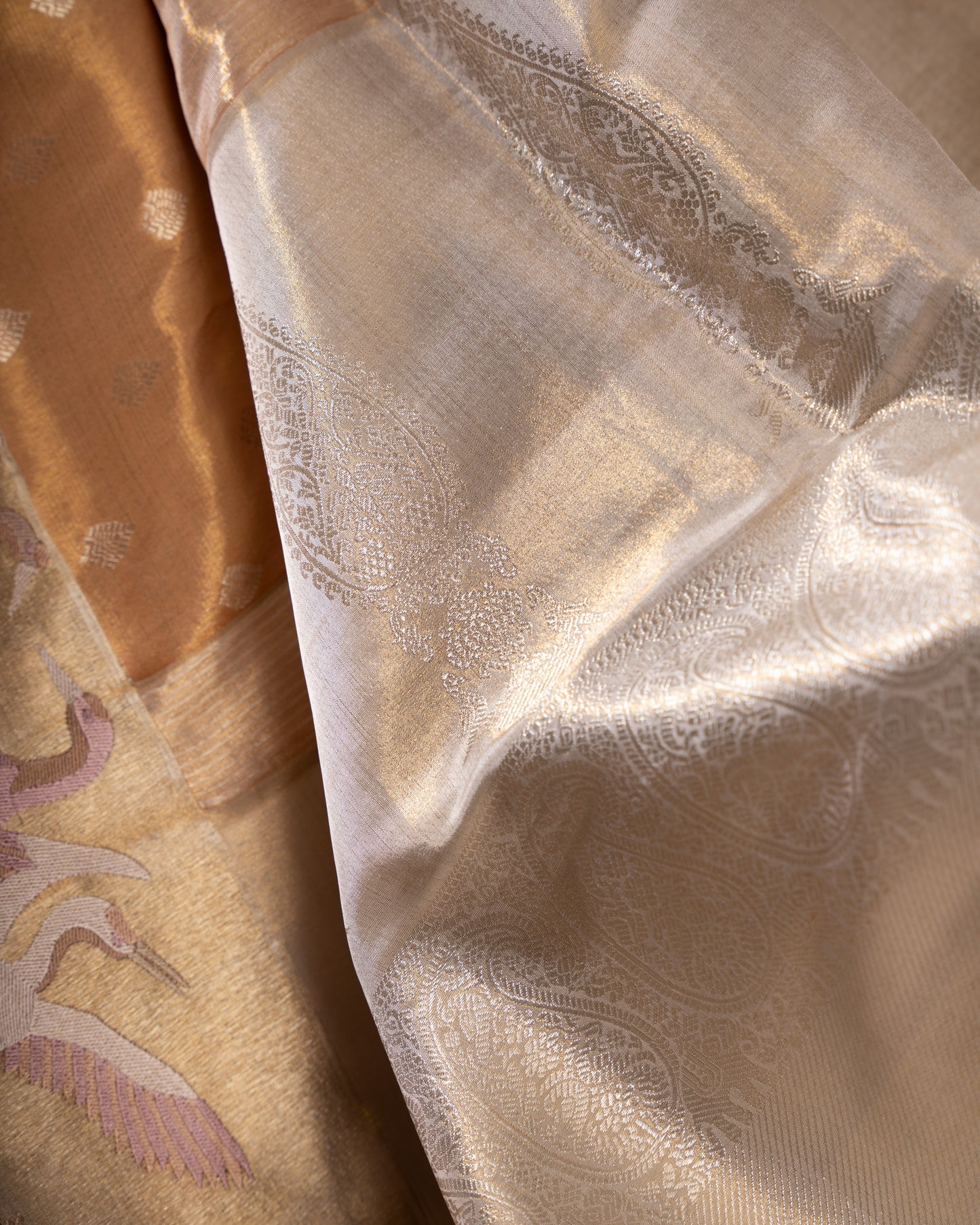 Gold and Silver Kanchipuram Silk Tissue Saree with Bird Motifs