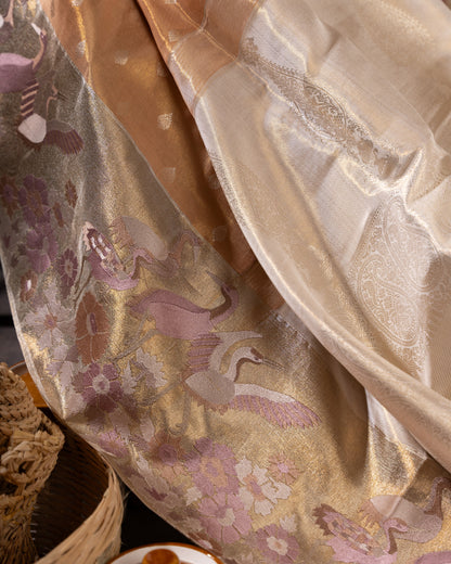 Gold and Silver Kanchipuram Silk Tissue Saree with Bird Motifs