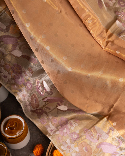 Gold and Silver Kanchipuram Silk Tissue Saree with Bird Motifs