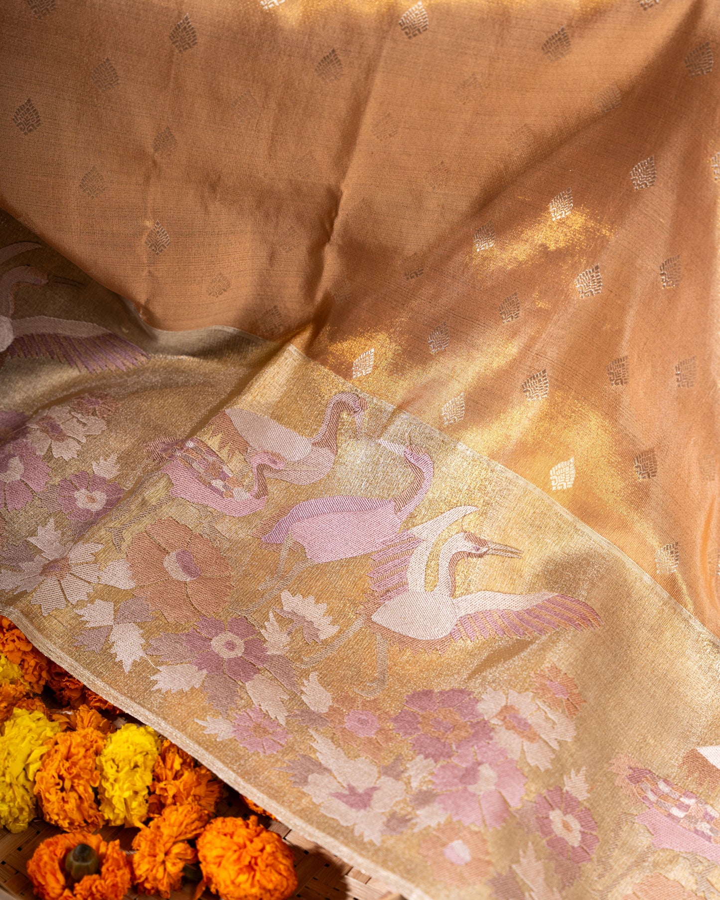Gold and Silver Kanchipuram Silk Tissue Saree with Bird Motifs