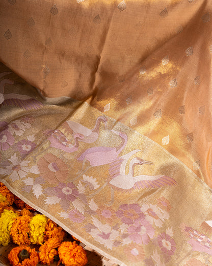 Gold and Silver Kanchipuram Silk Tissue Saree with Bird Motifs