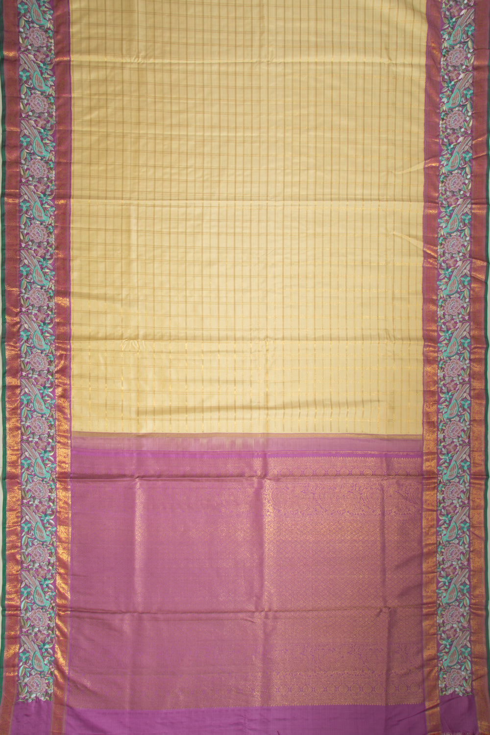 Kanchipuram Silk Checks Cream Saree With Embroidery Border