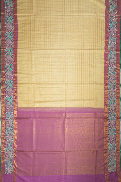 Kanchipuram Silk Checks Cream Saree With Embroidery Border
