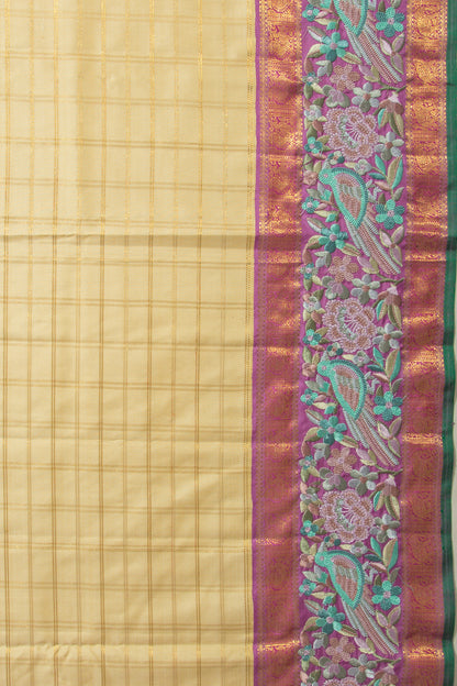 Kanchipuram Silk Checks Cream Saree With Embroidery Border