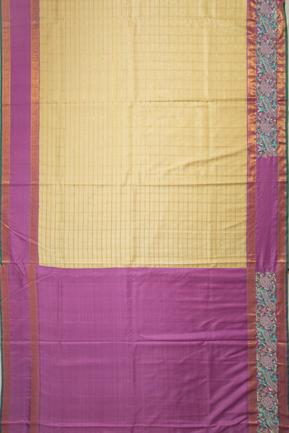 Kanchipuram Silk Checks Cream Saree With Embroidery Border