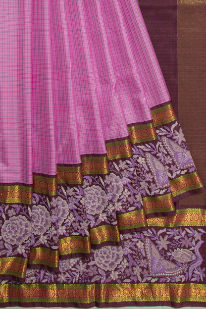 Kanchipuram Silk Checks Lavender Saree With Embroidery Border