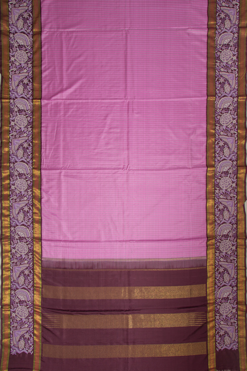 Kanchipuram Silk Checks Lavender Saree With Embroidery Border