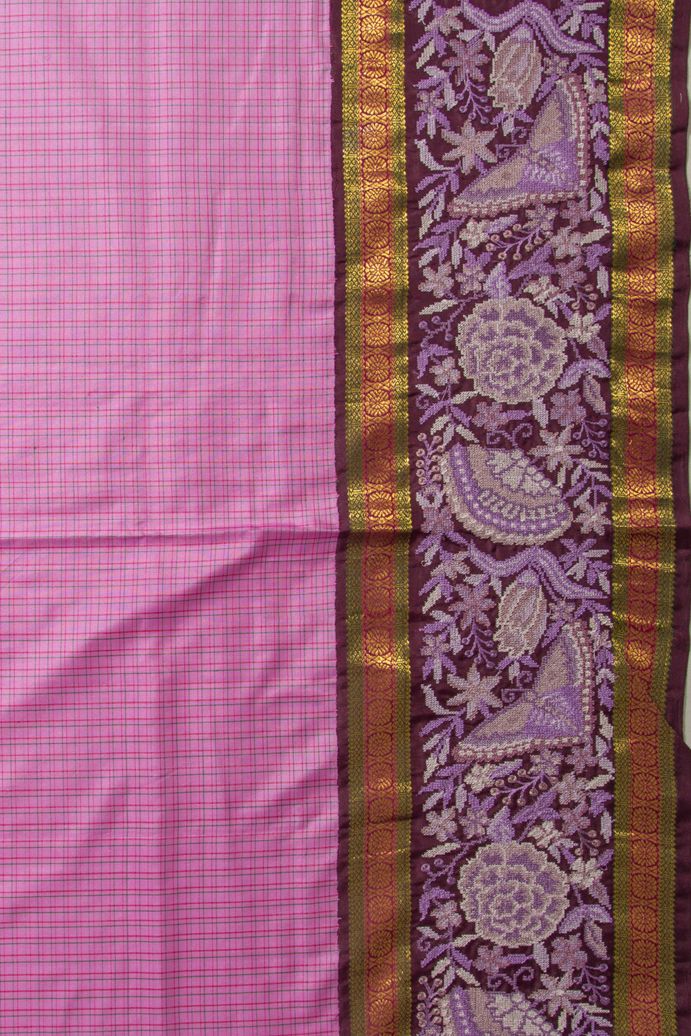 Kanchipuram Silk Checks Lavender Saree With Embroidery Border