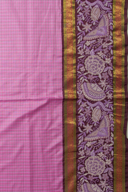 Kanchipuram Silk Checks Lavender Saree With Embroidery Border