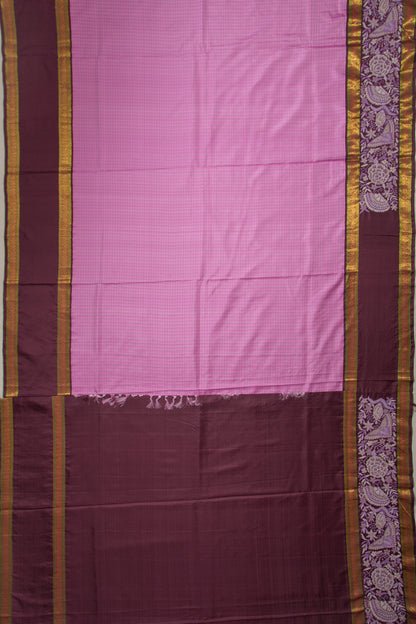 Kanchipuram Silk Checks Lavender Saree With Embroidery Border