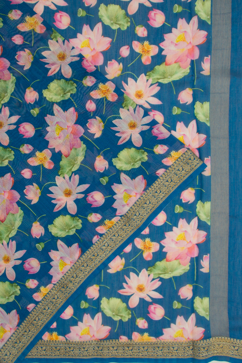 Chanderi Cotton Floral Printed Blue Saree