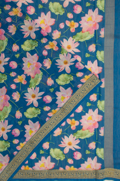 Chanderi Cotton Floral Printed Blue Saree