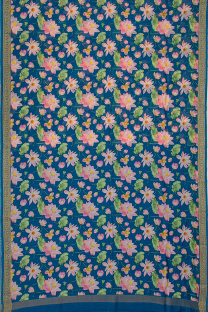 Chanderi Cotton Floral Printed Blue Saree