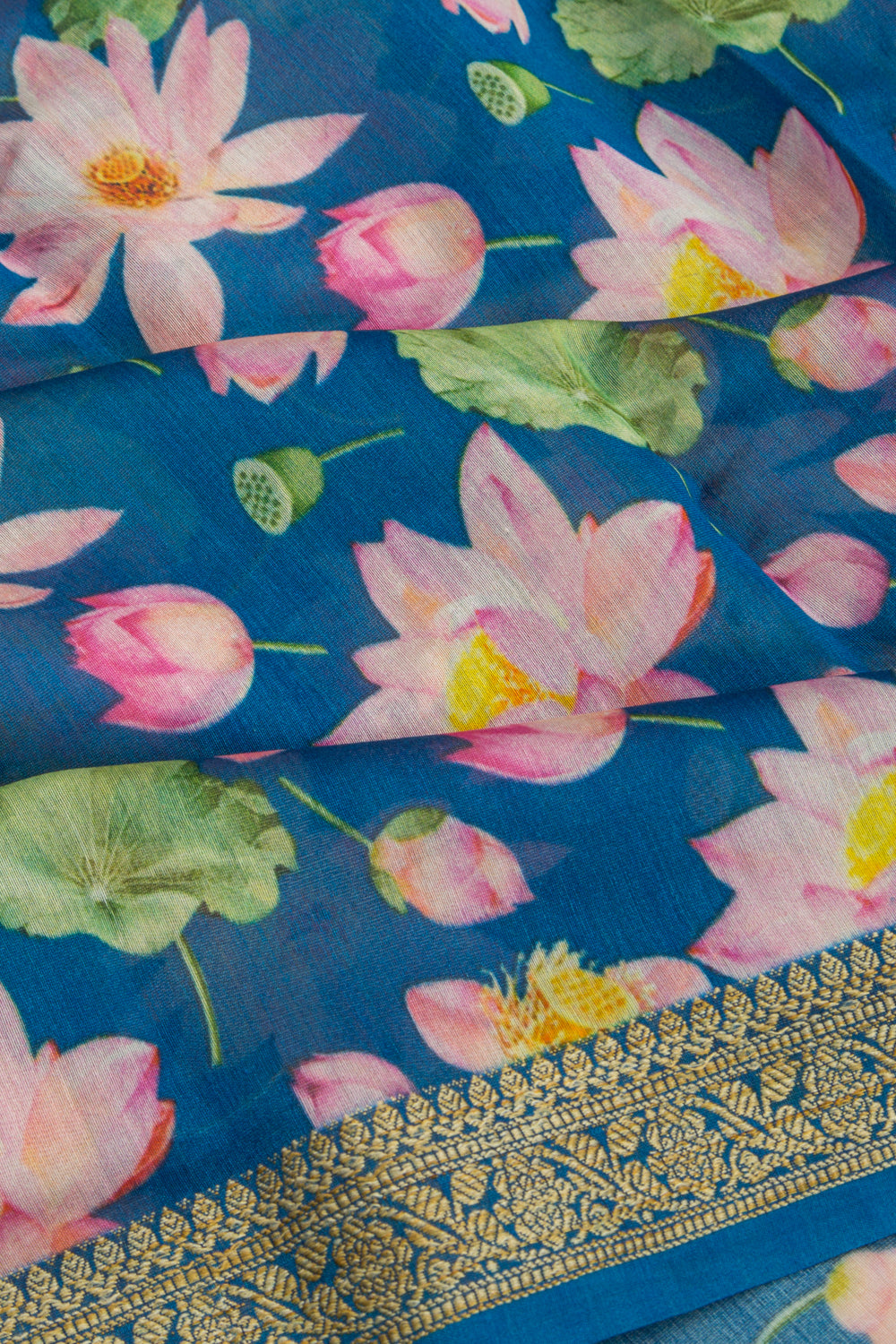 Chanderi Cotton Floral Printed Blue Saree