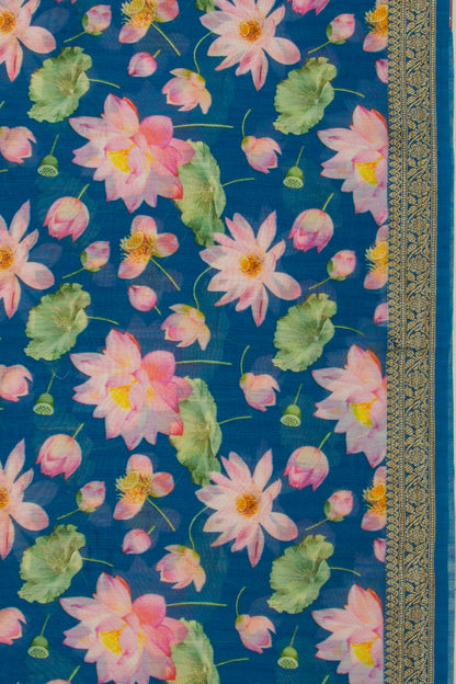 Chanderi Cotton Floral Printed Blue Saree