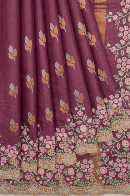 Tussar Butta Purple Saree With Scallop Border