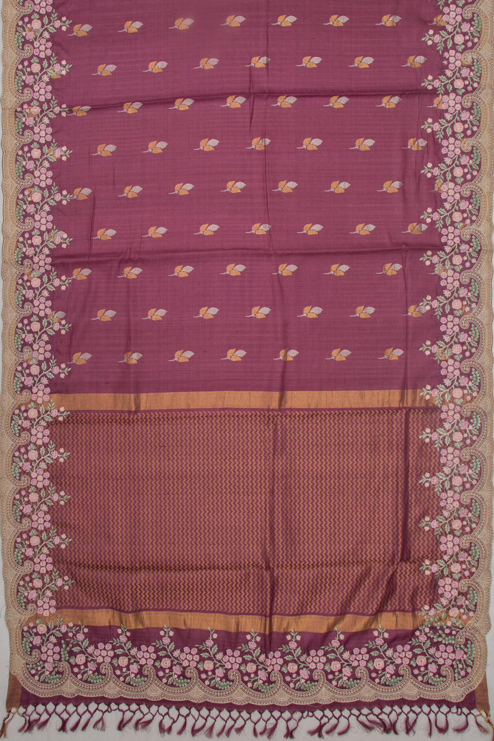 Tussar Butta Purple Saree With Scallop Border