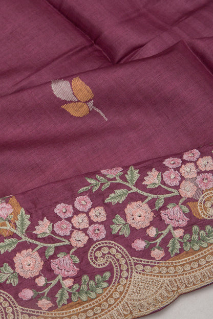 Tussar Butta Purple Saree With Scallop Border