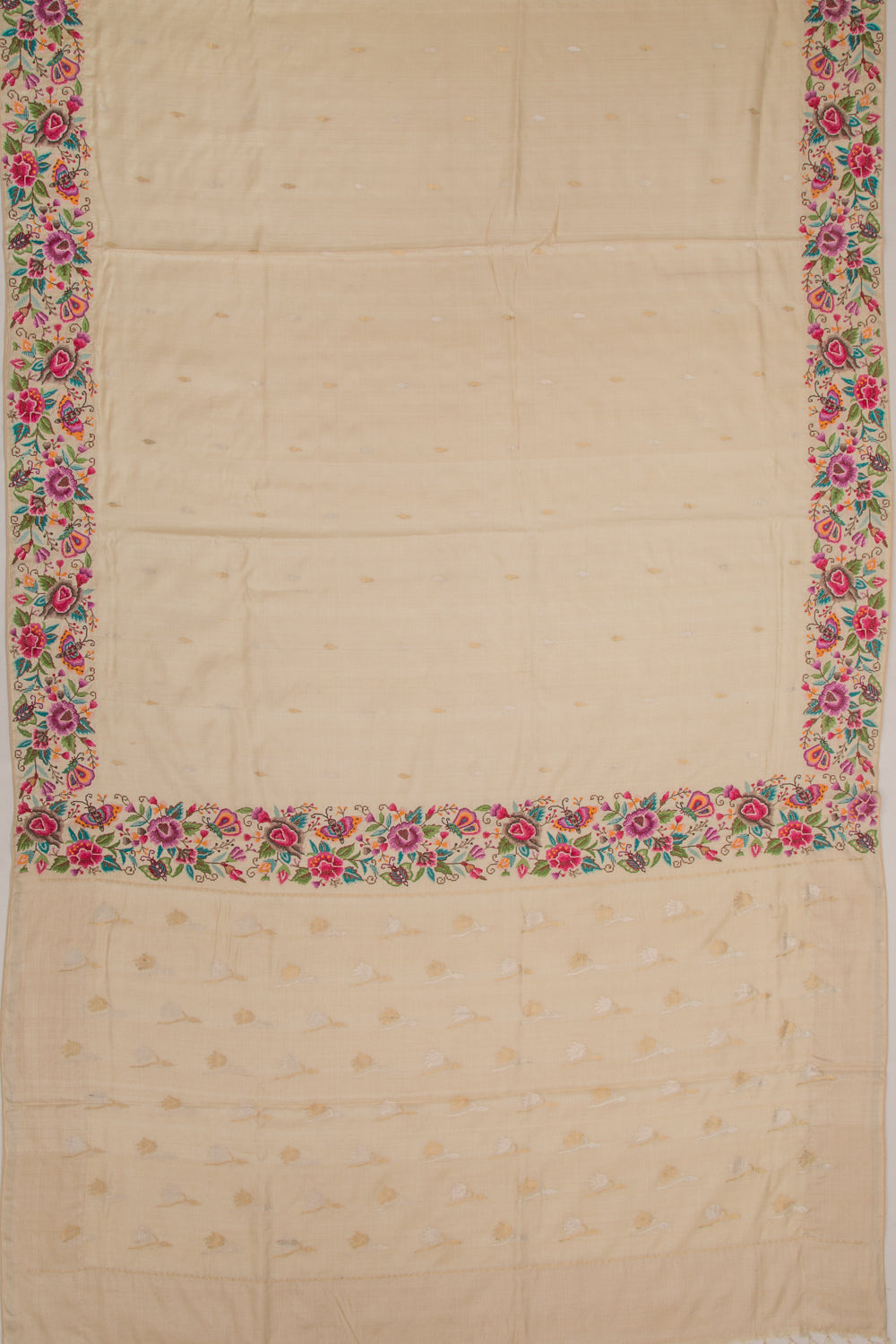 Tussar Butta Beige Saree With Multicolour Floral Embroidery Border