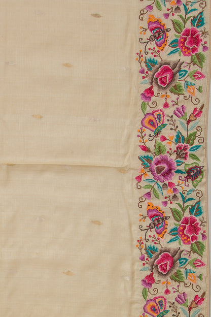 Tussar Butta Beige Saree With Multicolour Floral Embroidery Border