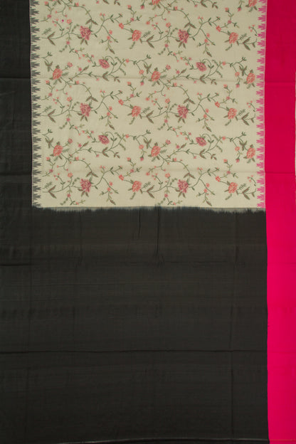 Maheshwari Cotton Floral Embroidery White Saree With Ganga Jamuna Tussar Border