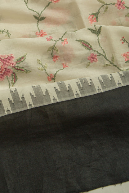 Maheshwari Cotton Floral Embroidery White Saree With Ganga Jamuna Tussar Border