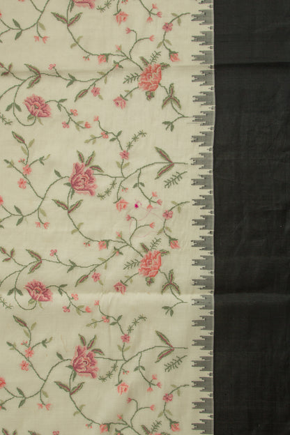 Maheshwari Cotton Floral Embroidery White Saree With Ganga Jamuna Tussar Border