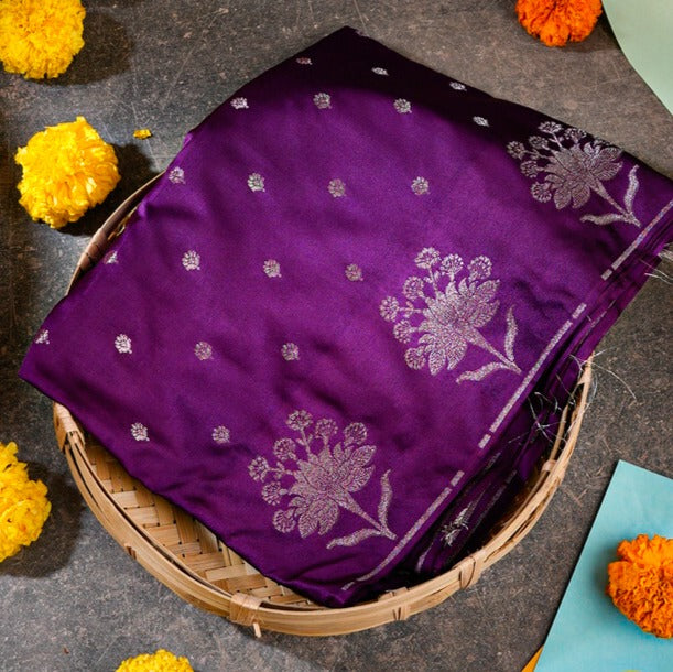 Violet Banasari Satin Silk Saree with Silver Zari Butta