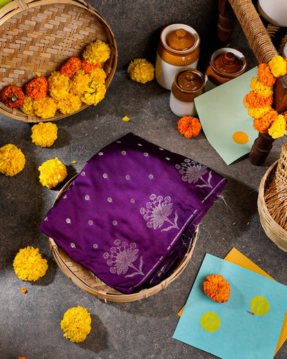 Violet Banasari Satin Silk Saree with Silver Zari Butta