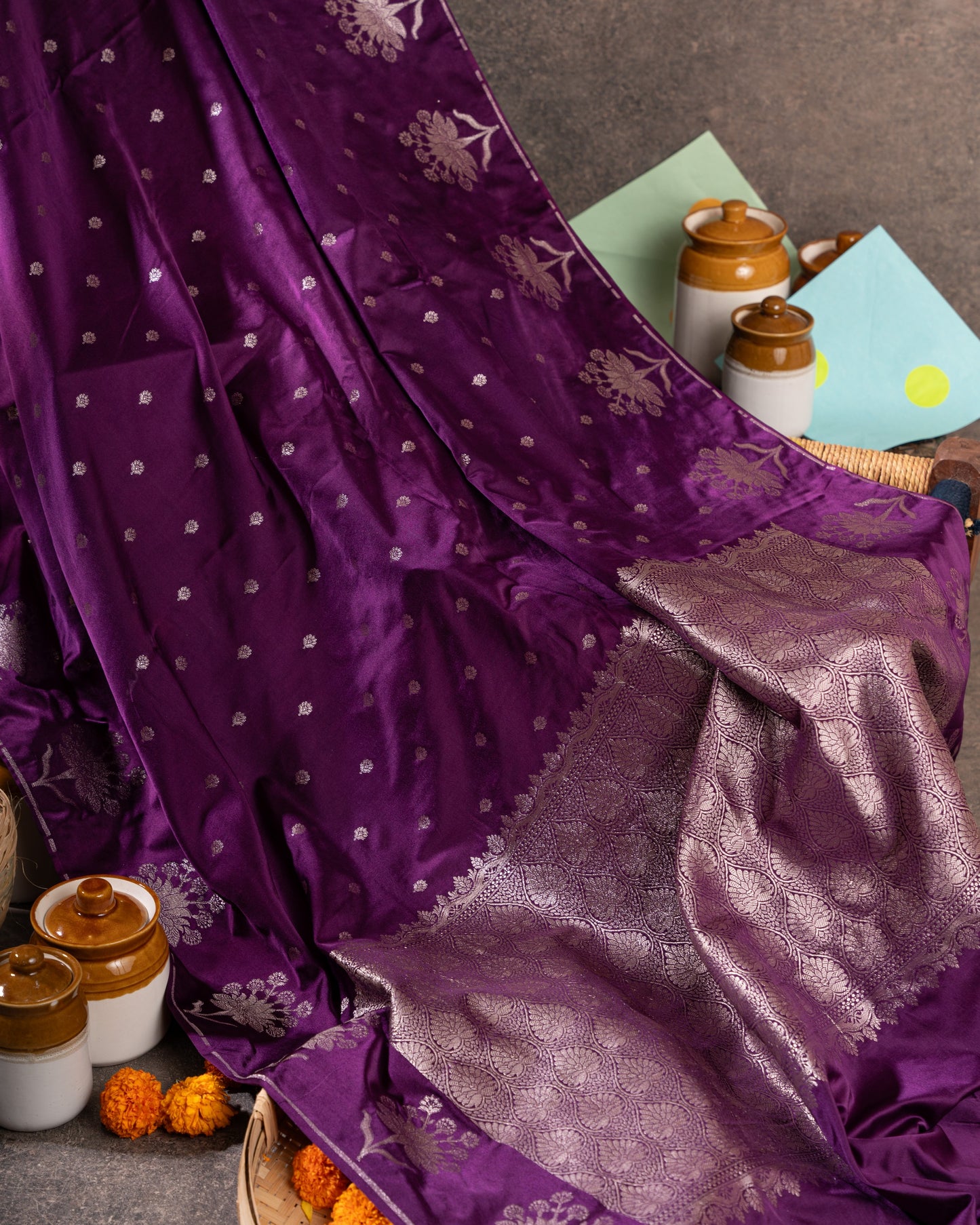Violet Banasari Satin Silk Saree with Silver Zari Butta