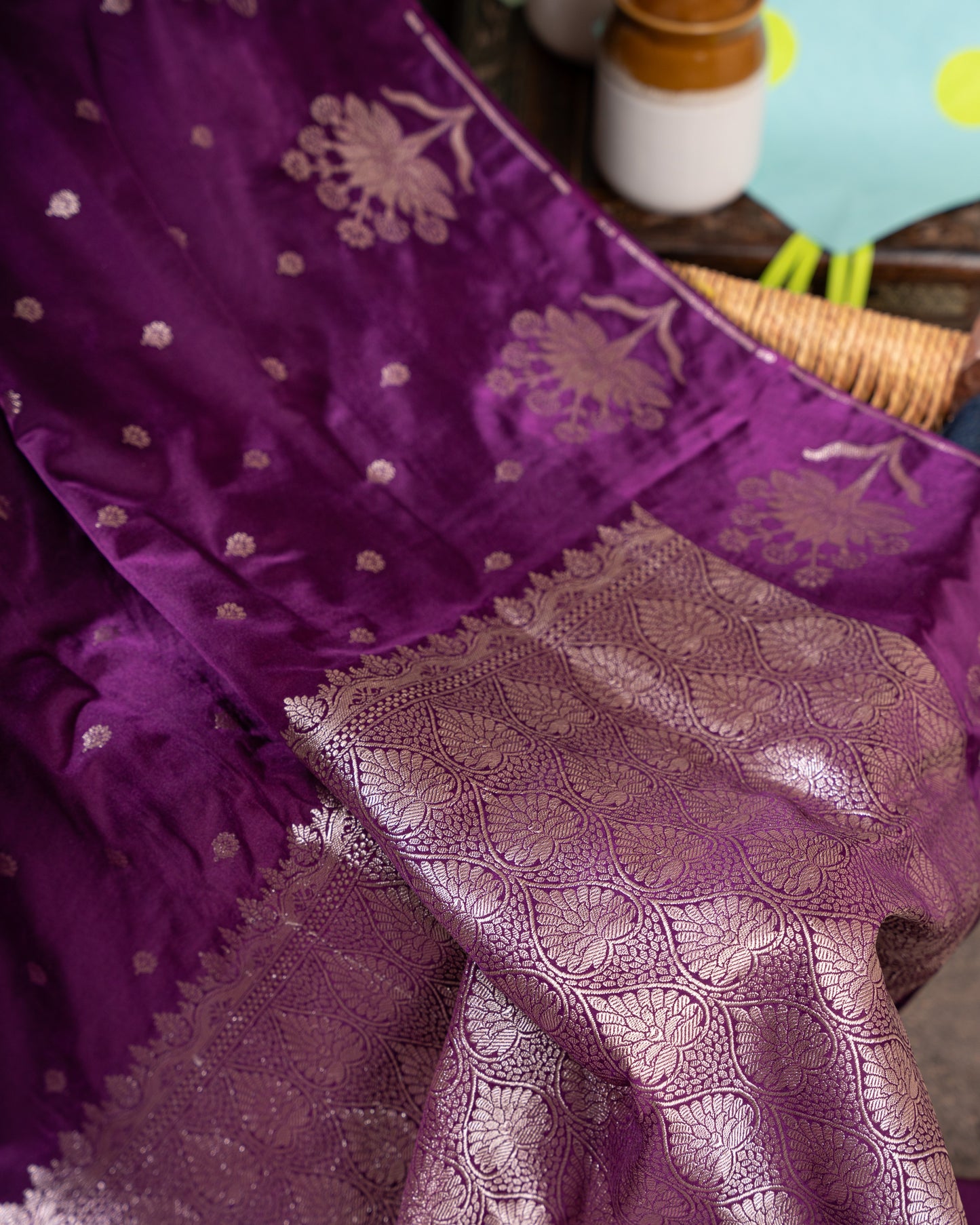 Violet Banasari Satin Silk Saree with Silver Zari Butta