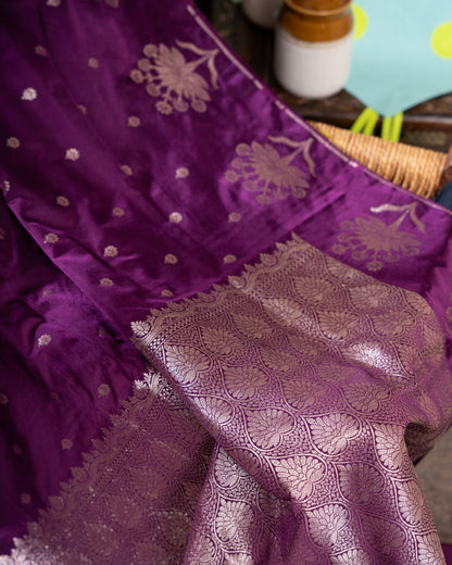 Violet Banasari Satin Silk Saree with Silver Zari Butta
