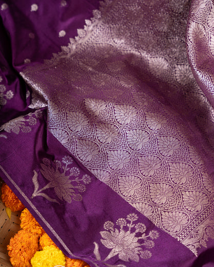 Violet Banasari Satin Silk Saree with Silver Zari Butta