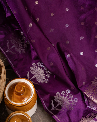 Violet Banasari Satin Silk Saree with Silver Zari Butta