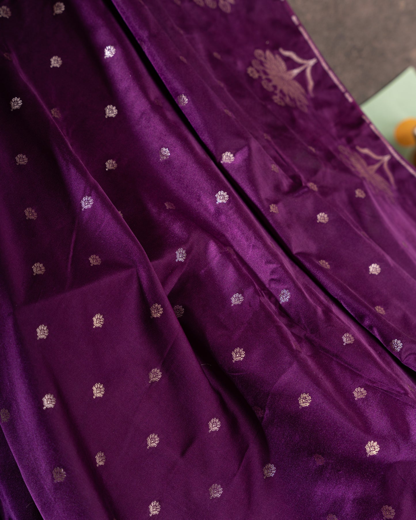 Violet Banasari Satin Silk Saree with Silver Zari Butta