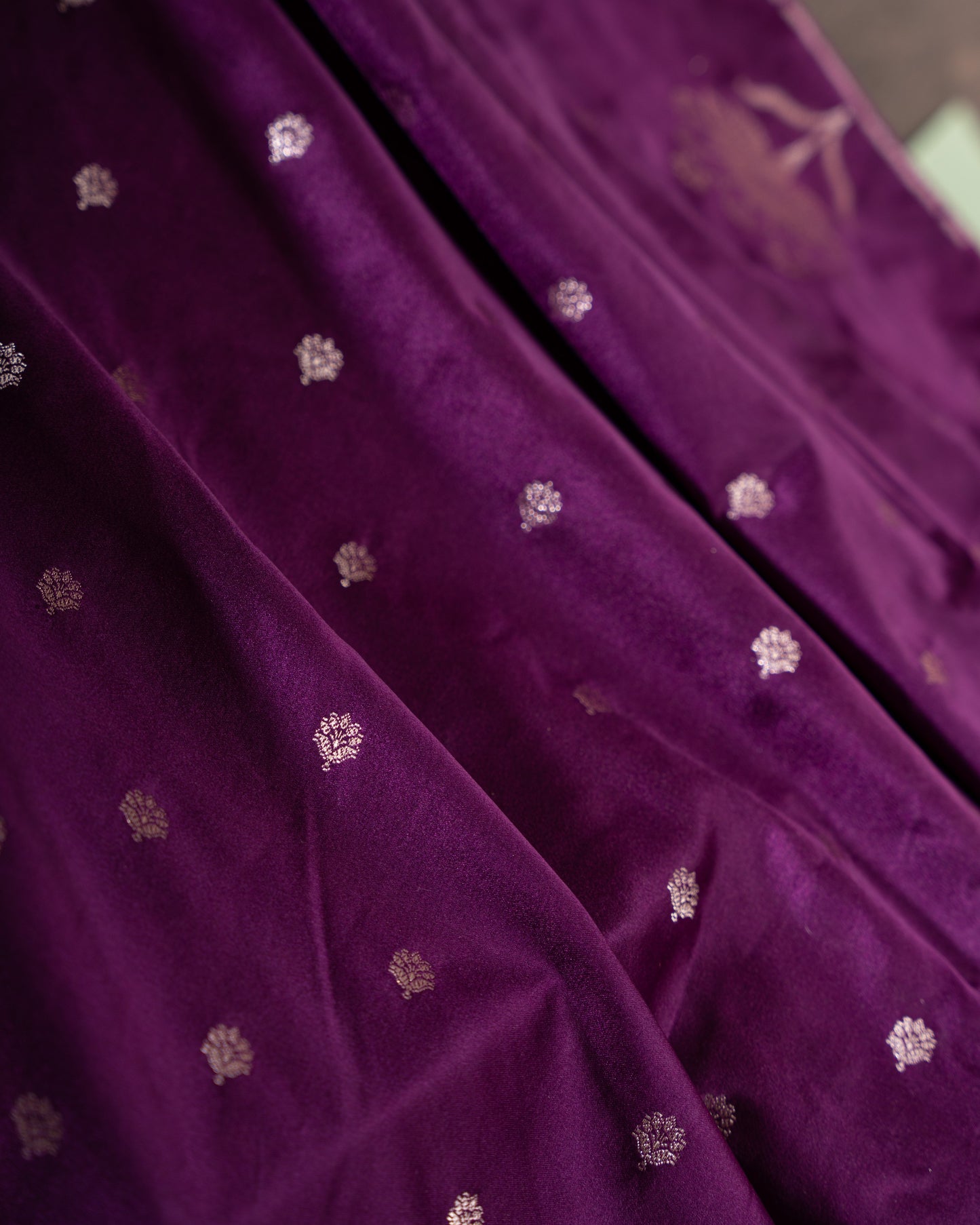 Violet Banasari Satin Silk Saree with Silver Zari Butta