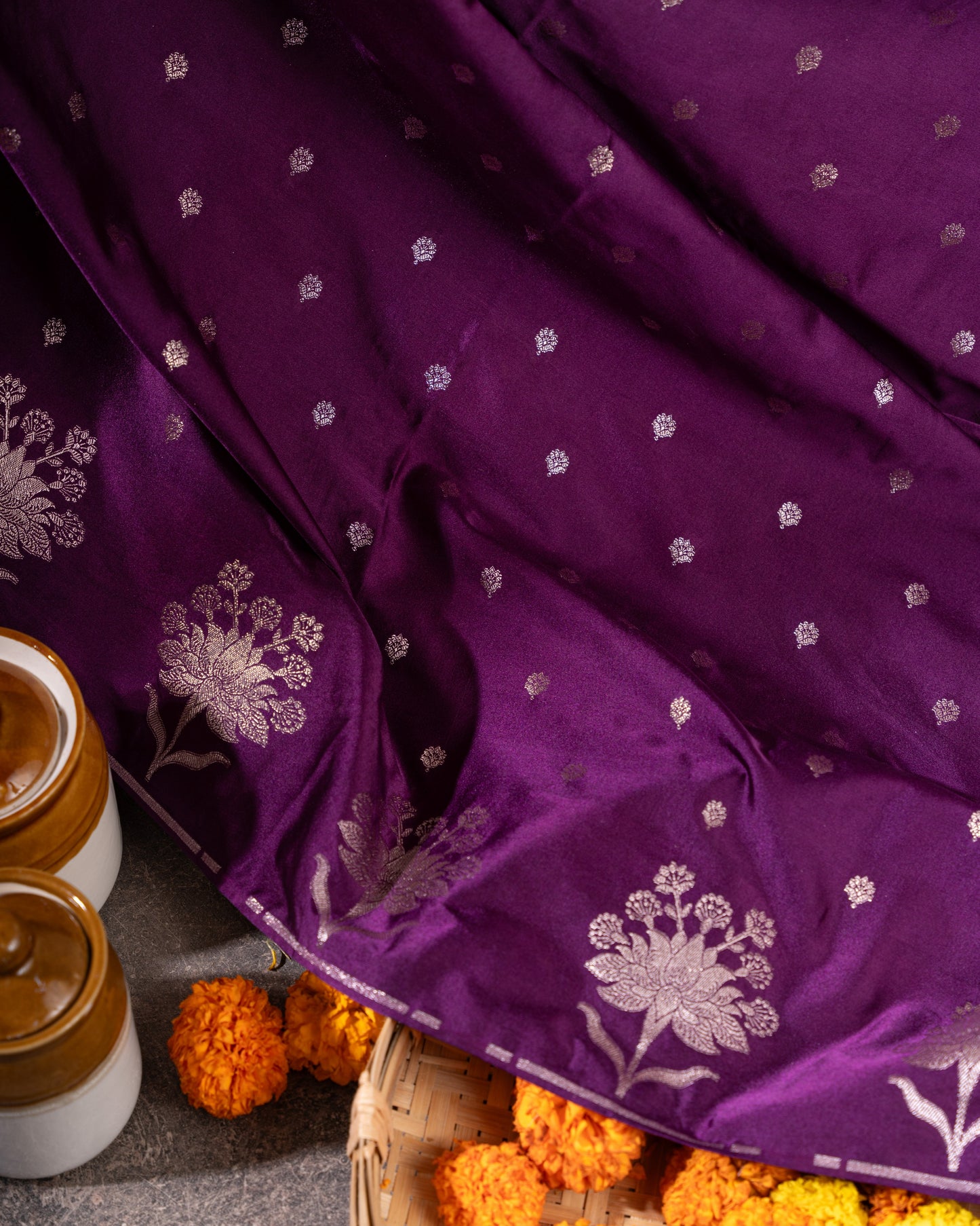 Violet Banasari Satin Silk Saree with Silver Zari Butta