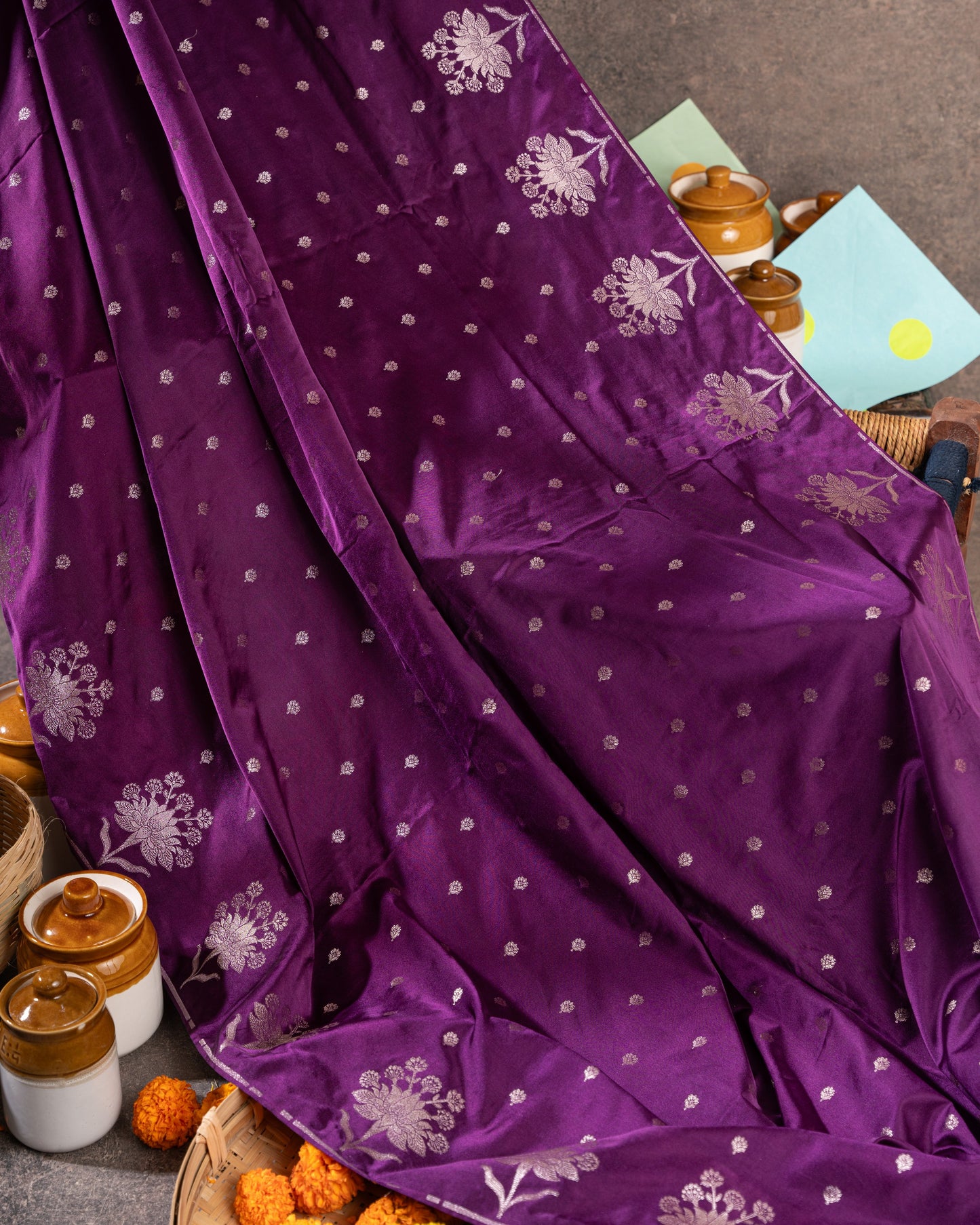 Violet Banasari Satin Silk Saree with Silver Zari Butta
