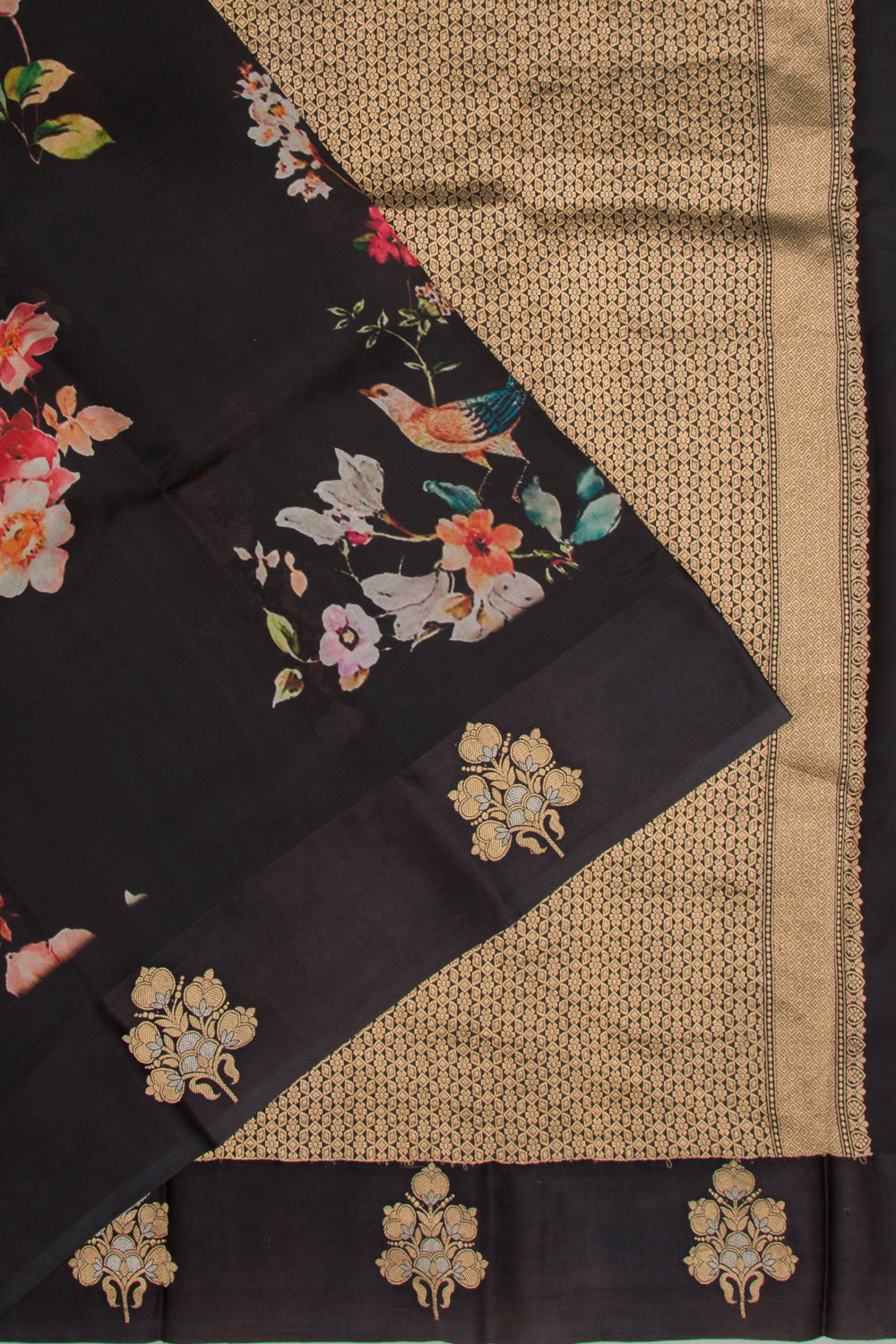Banarasi Silk Katan Floral Printed Black Saree