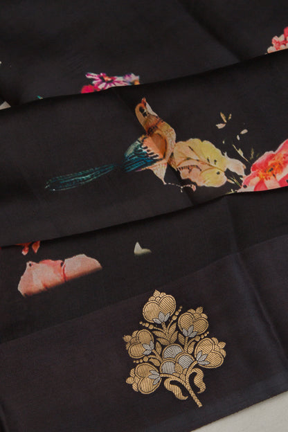 Banarasi Silk Katan Floral Printed Black Saree