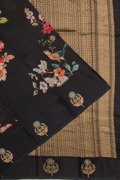 Banarasi Silk Katan Floral Printed Black Saree