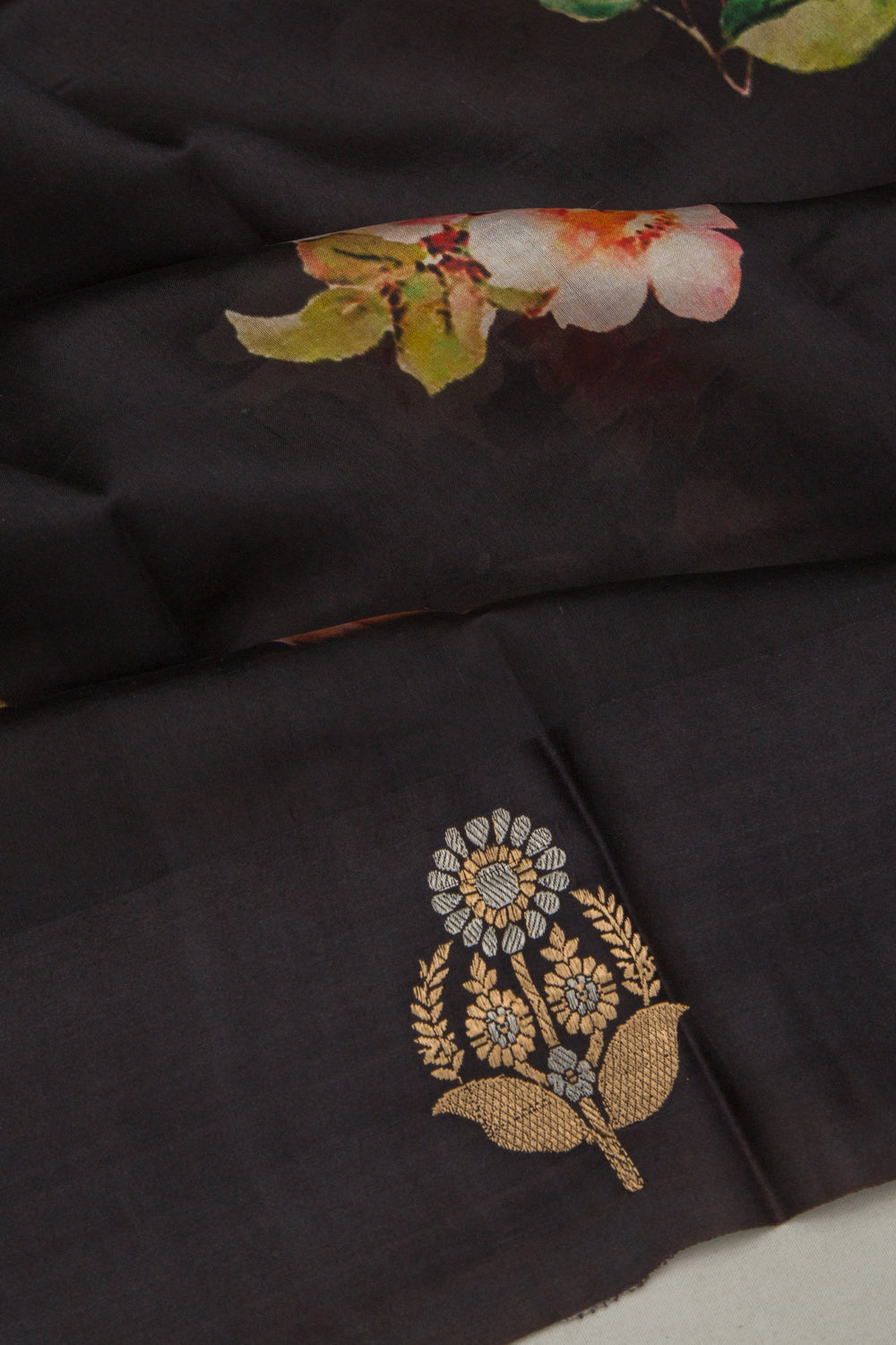Banarasi Silk Katan Floral Printed Black Saree