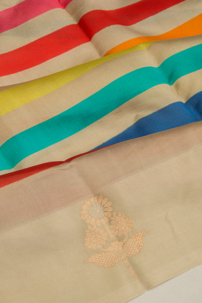 Banarasi Silk Katan Printed Lines Cream Saree