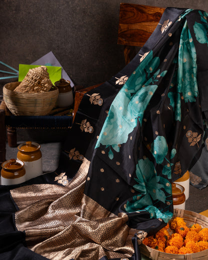 Black and Gold Banarasi Soft Tussar Butta Saree